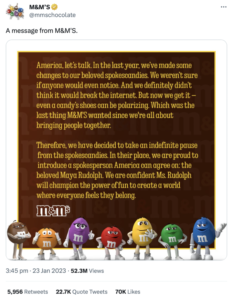 A Tweet by M&M's telling the spokescandies will take an indefinite pause