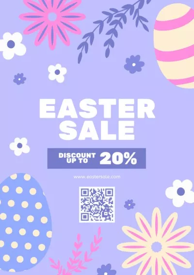 Easter Sale Announcement with Painted Eggs and Flowers on Purple