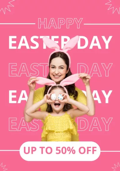 Easter Discount Offer with Happy Mother Touching Bunny Ears of Daughter